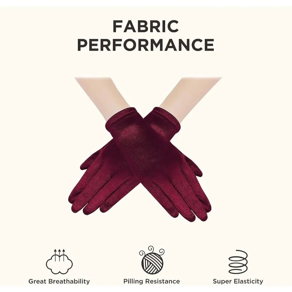 Women's Dark Red Satin Silk Gloves Banquet Wedding Party Costume Accessories